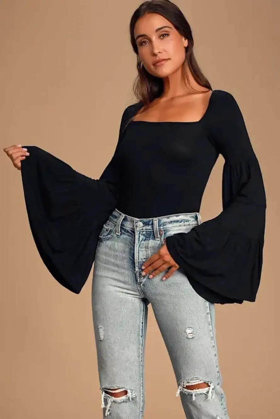 Free People Babetown Black Bell Sleeve Top